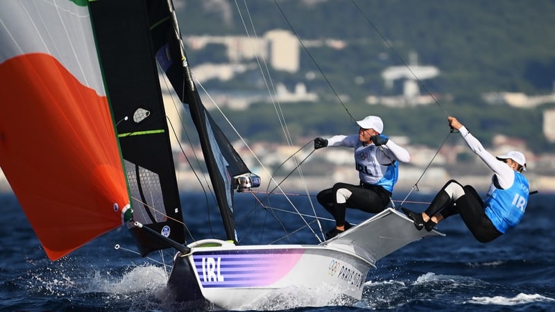 Robert Dickson and Sean Waddilove of Team Ireland compete in the Men's Skiff 49er class on day five of the Olympic Games Paris 2024 at Marseille Marina on July 31, 2024 in Marseille, France.