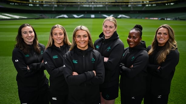 11 May 2026; Captain Erin King and teammates, from left, Eve Higgins, Stacey Flood, Sam Monaghan, Linda Djougang and Beibhinn Parsons for a portrait after an Ireland Women Rugby media conference at the Aviva Stadium in Dublin. Photo by Brendan Moran/Sportsfile