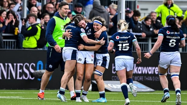 26 April 2025; Francesca McGhie of Scotland celebrates with team-mates after scoring the winning try in the Women's Six Nations Rugby Championship match between Scotland and Ireland at Hive Stadium in Edinburgh, Scotland. Photo by Paul Devlin/Sportsfile