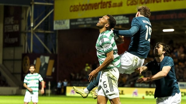 MOTHERWELL, SCOTLAND - MAY 13: Motherwell's Sam Nicholson is penalised for a handball under pressure from Auston Trusty and Celtic are awarded a penalty during a William Hill Premiership match between Motherwell and Celtic at Fir Park, on May 13, 2026, in Motherwell, Scotland. (Photo by Ross MacDona