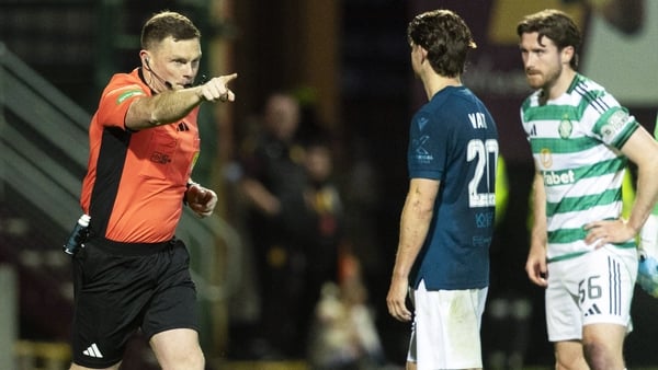 MOTHERWELL, SCOTLAND - MAY 13: Referee John Beaton awards Celtic a penalty following a VAR check during a William Hill Premiership match between Motherwell and Celtic at Fir Park, on May 13, 2026, in Motherwell, Scotland. (Photo by Ross MacDonald/SNS Grou