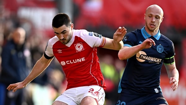 Luke Turner of St Patrick's Athletic in action against Kerr McInroy of Shelbourne during the SSE Airtricity Men’s Premier Division match between St Patrick's Athletic and Shelbourne at Richmond Park in Dublin