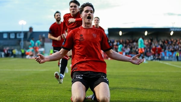 15 May 2026; Patrick Hickey of Bohemians celebrates after scoring his side's second goal during the SSE Airtricity Men’s Premier Division match between Bohemians and Drogheda United at Dalymount Park in Dublin. Photo by Thomas Flinkow/Sportsfile