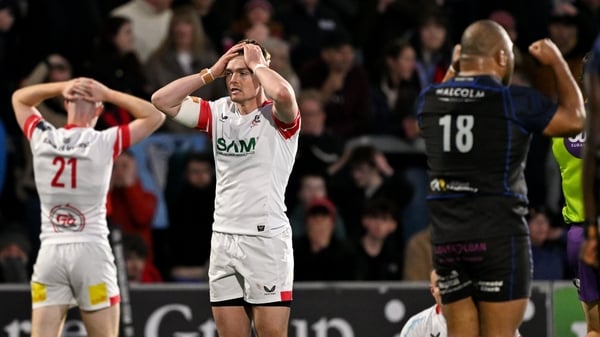 15 May 2026; Jake Flannery of Ulster reacts at the final whistle of his side's defeat in the United Rugby Championship match between Ulster and Glasgow Warriors at Affidea Stadium in Belfast. Photo by Ramsey Cardy/Sportsfile