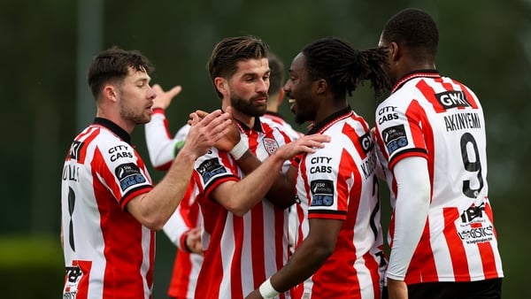 Kevin dos Santos of Derry City, second from right, is congratulated by team-mates after scoring his sides first goal during the SSE Airtricity Men’s Premier Division match between Waterford and Derry City at the RSC in Waterford.