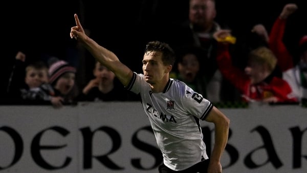 15 May 2026; Tyreke Wilson of Dundalk celebrates after scoring his side's first goal during the SSE Airtricity Men’s Premier Division match between Dundalk and Shamrock Rovers at Oriel Park in Dundalk, Louth. Photo by Paul Phelan/Sportsfile