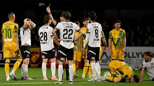 15 May 2026; Referee Robert Harvey shows John Ross Wilson of Dundalk a straight red card during the SSE Airtricity Men's Premier Division match between Dundalk and Shamrock Rovers at Oriel Park in Dundalk, Louth. Photo by Paul Phelan/Sportsfile
