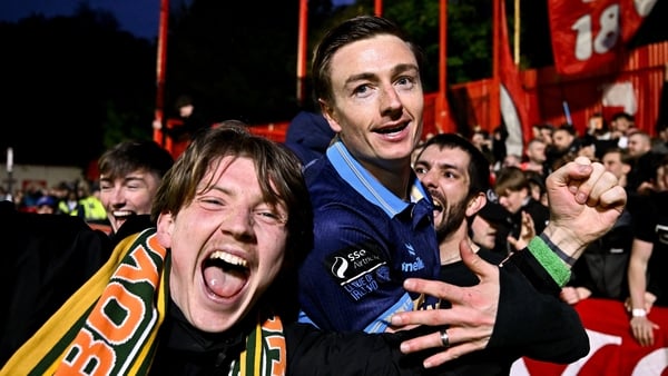 15 May 2026; Daniel Kelly of Shelbourne celebrates with supporters after their side's victory in the SSE Airtricity Men’s Premier Division match between St Patrick's Athletic and Shelbourne at Richmond Park in Dublin. Photo by Seb Daly/Sportsfile