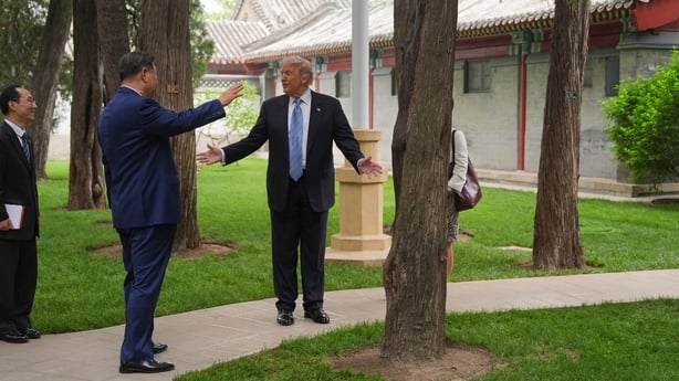 President Donald Trump talks with China's President Xi Jinping at the Zhongnanhai leadership compound, Friday, May 15, 2026, in Beijing. (AP Photo/Mark Schiefelbein, Pool)