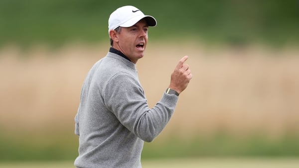 NEWTOWN, PENNSYLVANIA - MAY 15: Rory McIlroy of Northern Ireland reacts on the tenth green during the second round of the PGA Championship at Aronimink Golf Club on May 15, 2026 in Newtown, Pennsylvania. (Photo by Emilee Chinn/Getty Images)