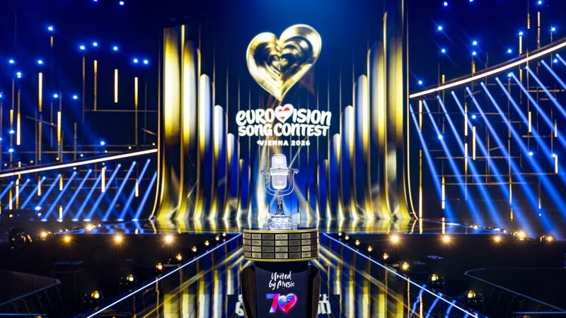 The trophy of the 70th Eurovision Song Contest on the Wiener Stadthalle stage, for Vienna 2026