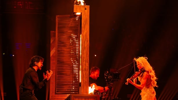 Linda Lampenius x Pete Parkkonen performing Liekinheitin for Finland during the First Semi-Final of the Eurovision Song Contest at Wiener Stadthalle, Vienna