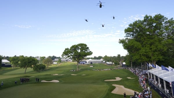NEWTOWN SQUARE, PA - MAY 16: An overall view of the military fly over over the 18th hole for Armed Forces Day during the National Anthem before the third round of the PGA Championship at Aronimink Golf Club on Saturday, May 16, 2026 in Newtown Square, Pen