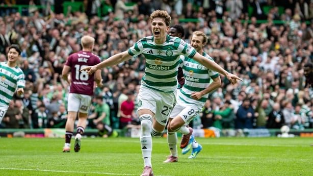 GLASGOW, SCOTLAND - MAY 16: Celtic's Arne Engels celebrates scoring a penalty to make it 1-1 during a William Hill Premiership match between Celtic and Heart of Midlothian at Celtic Park, on May 16, 2026, in Glasgow, Scotland. (Photo by Paul Devlin/SNS Group via Getty Images)