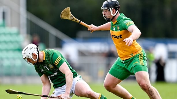 2 April 2023; Damien Healy of Meath in action against Richie Ryan of Donegal during the Allianz Hurling League Division 2B Final match between Meath and Donegal at Avant Money Páirc Seán Mac Diarmada in Carrick-on-Shannon, Leitrim. Photo by Stephen Marken/Sportsfile