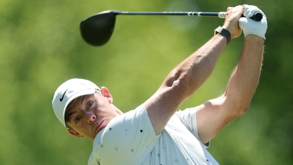 NEWTOWN, PENNSYLVANIA - MAY 16: Rory McIlroy of Northern Ireland hits a tee shot on the second hole during the third round of the PGA Championship at Aronimink Golf Club on May 16, 2026 in Newtown, Pennsylvania. (Photo by Michael Reaves/Getty Images)