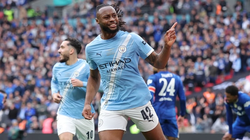 LONDON, ENGLAND - MAY 16: Antoine Semenyo of Manchester City celebrates after scoring their side's first goal during the Emirates FA Cup Final match between Chelsea and Manchester City on May 16, 2026 in London, England. (Photo by Alex Livesey - Danehouse