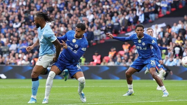 LONDON, ENGLAND - MAY 16: Antoine Semenyo of Manchester City scores their side's first goal with a back heel during the Emirates FA Cup Final match between Chelsea and Manchester City on May 16, 2026 in London, England. (Photo by Alex Livesey - Danehouse/Getty Images)