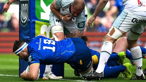 16 May 2026; Max Deegan of Leinster scores his side's second try during the United Rugby Championship match between Leinster and Ospreys at the Aviva Stadium in Dublin. Photo by Brendan Moran/Sportsfile