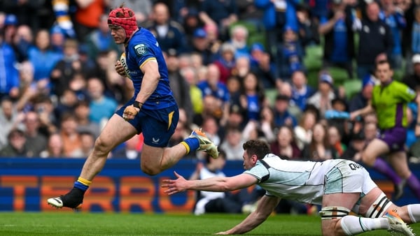 16 May 2026; Josh van der Flier of Leinster beats the tackle of James Ratti of Ospreys on the way to scoring his side's third try during the United Rugby Championship match between Leinster and Ospreys at the Aviva Stadium in Dublin. Photo by Brendan Mora