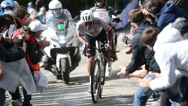 UAE Team Emirates - XRG Ecuadorian rider Jhonatan Narvaez sprints to win the 8th stage of the Giro d'Italia 2026 - Tour of Italy cycling race between Chieti and Fermo, central Italy on May 16, 2026. (Photo by Luca Bettini / AFP)