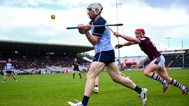 16 May 2026; Liam Rushe of Dublin in action against Conor Whelan of Galway during the Leinster GAA Senior Hurling Championship Round 4 match between Galway and Dublin at Pearse Stadium in Galway. Photo by Piaras Ó Mídheach/Sportsfile