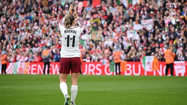 LIVERPOOL, ENGLAND - MAY 16: Katie McCabe of Arsenal applauds fans after the Barclays Women's Super League match between Liverpool and Arsenal at Anfield on May 16, 2026 in Liverpool, England. (Photo by Alex Burstow/Arsenal FC via Getty Images)