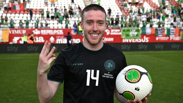 16 May 2026; Jack Moylan of Republic of Ireland with the match ball after scoring a hat-trick after the international friendly match between Republic of Ireland and Grenada at Estadio Nueva Condomina in Murcia, Spain. Photo by Stephen McCarthy/Sportsfile