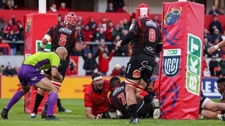 16 May 2026; Evan O'Connell of Munster, hidden, scores his sides first try during the United Rugby Championship match between Munster and Lions at Thomond Park in Limerick. Photo by Michael P Ryan/Sportsfile