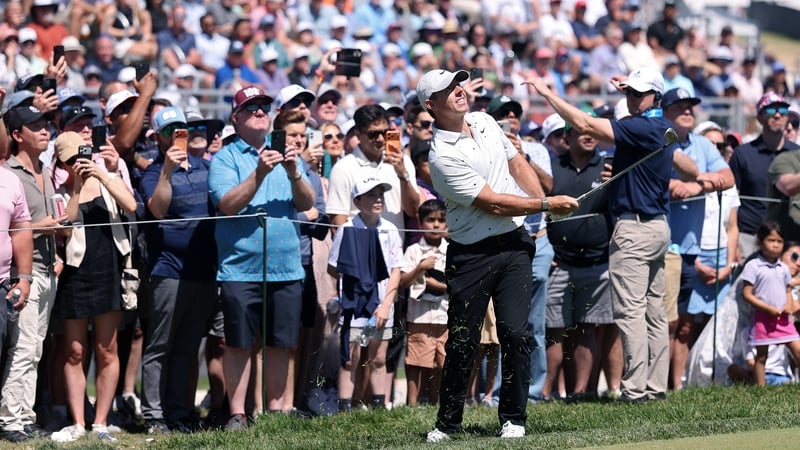 NEWTOWN, PENNSYLVANIA - MAY 16: Rory McIlroy of Northern Ireland hits a chip shot on the 16th hole during the third round of the PGA Championship at Aronimink Golf Club on May 16, 2026 in Newtown, Pennsylvania. (Photo by Richard Heathcote/Getty Images)