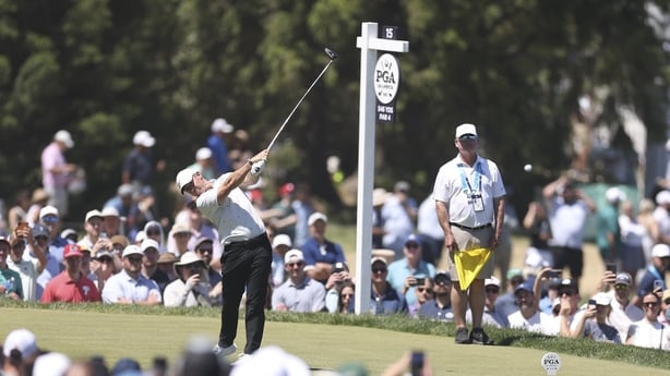 NEWTOWN, PENNSYLVANIA - MAY 16: Rory McIlroy of Northern Ireland hits a tee shot on the 15th hole during the third round of the PGA Championship at Aronimink Golf Club on May 16, 2026 in Newtown, Pennsylvania. (Photo by Richard Heathcote/Getty Images)