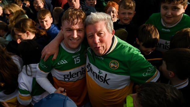 16 May 2026; Adam Screeney of Offaly celebrates with supporter Mick McDonagh after the Leinster GAA Senior Hurling Championship Round 4 match between Offaly and Wexford at Glenisk O'Connor Park in Tullamore, Offaly. Photo by Tom Beary/Sportsfile