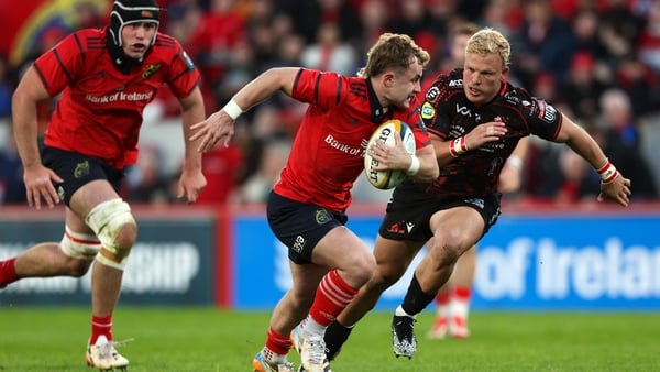 16 May 2026; Craig Casey of Munster makes a break during the United Rugby Championship match between Munster and Lions at Thomond Park in Limerick. Photo by Michael P Ryan/Sportsfile