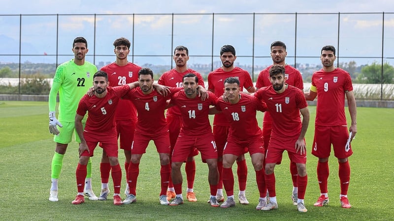 Iran's national football team's players pose on the pitch