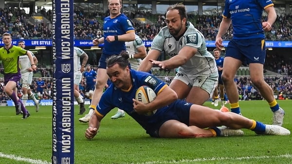 16 May 2026; James Lowe of Leinster scores his side's 10th try during the United Rugby Championship match between Leinster and Ospreys at the Aviva Stadium in Dublin. Photo by Seb Daly/Sportsfile