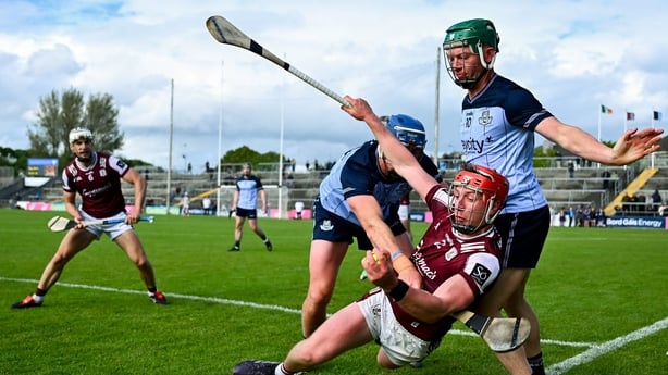 16 May 2026; Ronan Glennon of Galway in action against John Hetherton and Fergal Whitely, right, of Dublin during the Leinster GAA Senior Hurling Championship Round 4 match between Galway and Dublin at Pearse Stadium in Galway. Photo by Piaras Ó Mídheach/Sportsfile
