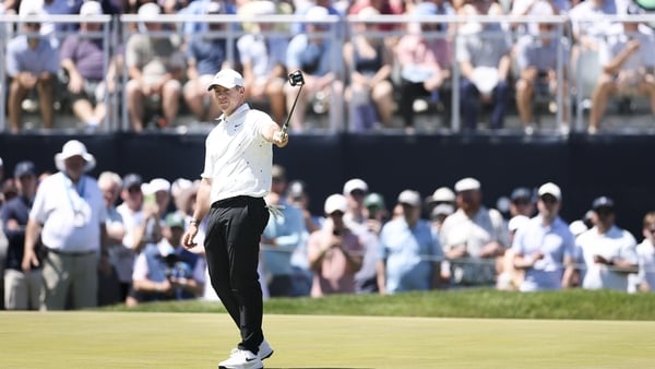 NEWTOWN, PENNSYLVANIA - MAY 16: Rory McIlroy of Northern Ireland reacts to a putt on the 14th hole during the third round of the PGA Championship at Aronimink Golf Club on May 16, 2026 in Newtown, Pennsylvania. (Photo by Richard Heathcote/Getty Images)