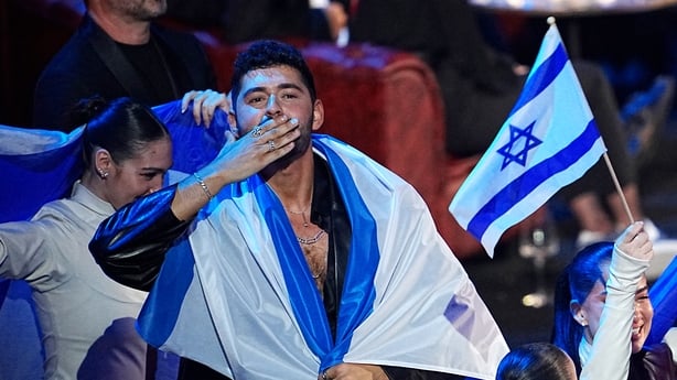 Israeli singer Noam Bettan, representing Israel with the song 'Michelle', celebrates in the artist's zone during the final of the Eurovision Song Contest 2026