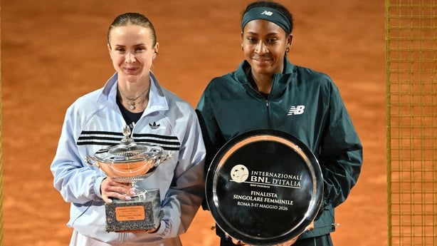 Elina Svitolina of Ukraine and Coco Gauff of the United States pose for a photo with the trophy following the Women's Singles Final match of the Internazionali BNL d'Italia on Day Twelve at Foro Italico on May 15, 2026, in Rome, Italy.