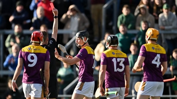 16 May 2026; Referee Sean Stack shows a red card to Conor Foley of Wexford during the Leinster GAA Senior Hurling Championship Round 4 match between Offaly and Wexford at Glenisk O'Connor Park in Tullamore, Offaly. Photo by Tom Beary/Sportsfile
