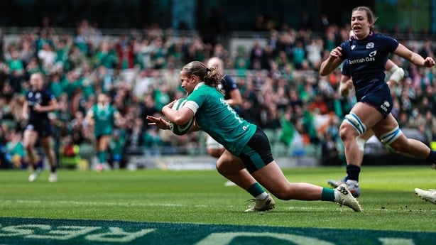 17 May 2026; Robyn O'Connor of Ireland on her way to scoring her side's second try during the Women's 6 Nations Rugby Championship match between Ireland and Scotland at the Aviva Stadium in Dublin. Photo by Thomas Flinkow/Sportsfile