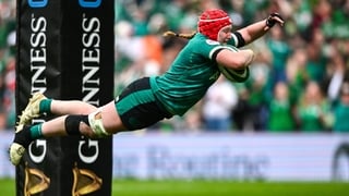 17 May 2026; Aoife Wafer of Ireland scores her side's sixth try during the Women's 6 Nations Rugby Championship match between Ireland and Scotland at the Aviva Stadium in Dublin. Photo by Shauna Clinton/Sportsfile