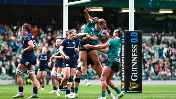17 May 2026; Robyn O'Connor of Ireland celebrates with teammates after scoring her side's second try during the Women's 6 Nations Rugby Championship match between Ireland and Scotland at the Aviva Stadium in Dublin. Photo by Thomas Flinkow/Sportsfile