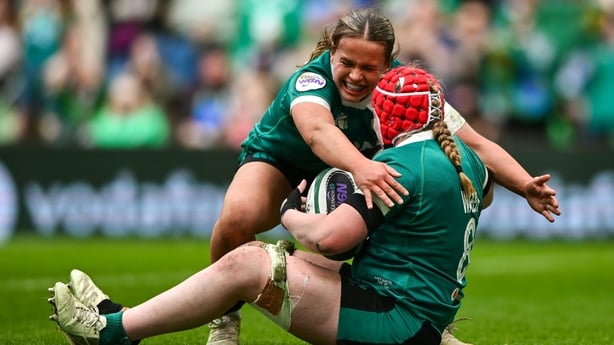 17 May 2026; Aoife Wafer of Ireland, right, is congratulated by team-mate Robyn O'Connor after scoring her side's sixth try during the Women's 6 Nations Rugby Championship match between Ireland and Scotland at the Aviva Stadium in Dublin. Photo by Shauna Clinton/Sportsfile