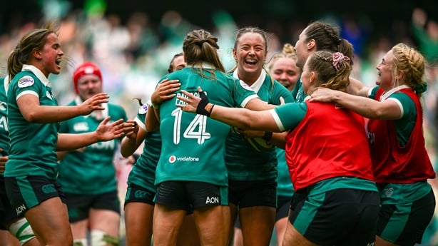 17 May 2026; Stacey Flood of Ireland, centre, is congratulated by team-mates after scoring her side's fifth try during the Women's 6 Nations Rugby Championship match between Ireland and Scotland at the Aviva Stadium in Dublin. Photo by Shauna Clinton/Sportsfile