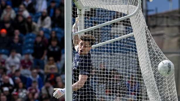 17 May 2026; Dublin goalkeeper Evan Comerford can only look on as the ball hits the net, in the first period of extra-time, during the Leinster GAA Football Senior Championship final match between Dublin and Westmeath at Croke Park in Dublin. Photo by Ray McManus/Sportsfile