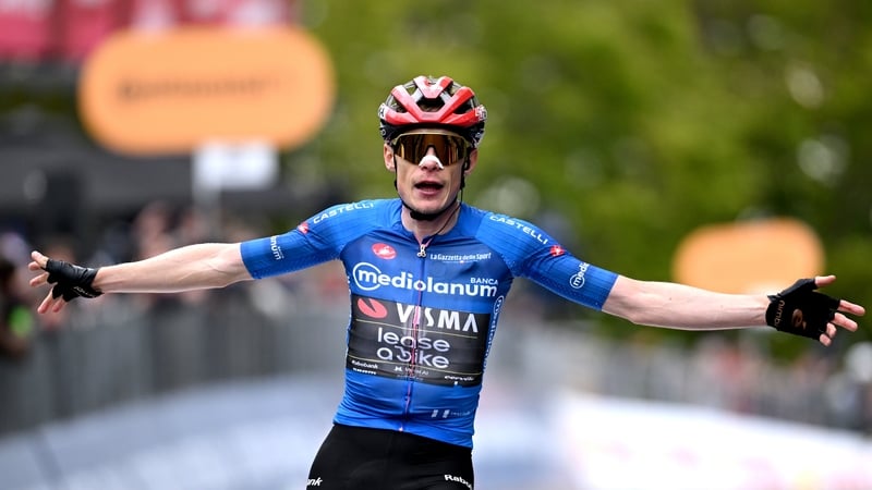 Jonas Vingegaard of Denmark and Team Visma | Lease a Bike - Blue Mountain Jersey celebrates at finish line as stage winner during the 109th Giro d'Italia 2026, Stage 9 a 184km stage from Cervia to Corno alle Scale 1469m / #UCIWT / on May 17, 2026 in Corno