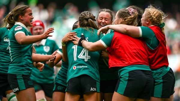 17 May 2026; Stacey Flood of Ireland, centre, is congratulated by team-mates after scoring her side's fifth try during the Women's 6 Nations Rugby Championship match between Ireland and Scotland at the Aviva Stadium in Dublin. Photo by Shauna Clinton/Spor
