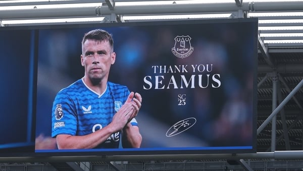 The LED screen displays a tribute to Seamus Coleman of Everton who is leaving the club at the end of the season during the Premier League match between Everton and Sunderland at Hill Dickinson Stadium on May 17, 2026 in Liverpool, England.
