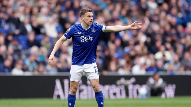 Seamus Coleman of Everton gestures during the Premier League match between Everton and Sunderland at Hill Dickinson Stadium on May 17, 2026 in Liverpool, England.